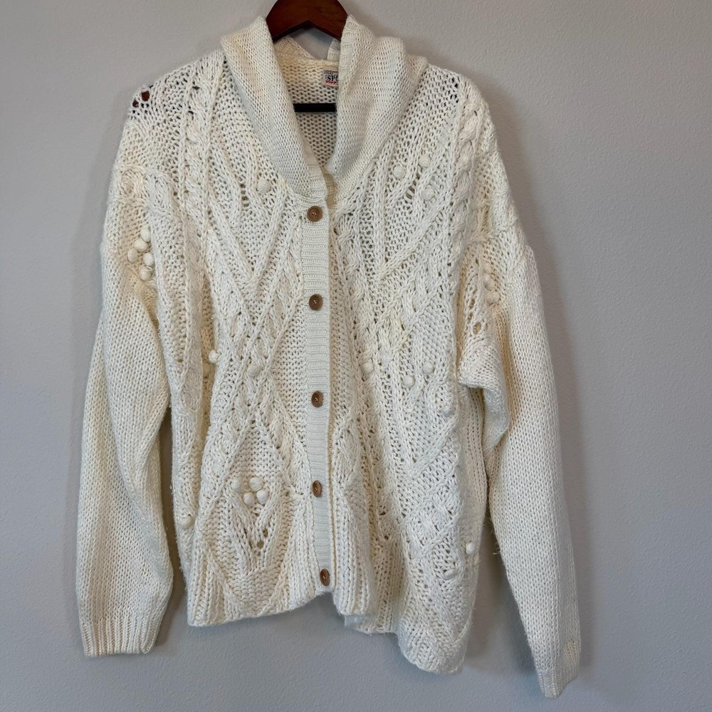 Vtg Fisherman Cardigan XL Cream Ramie Cotton Chunky Cable Knit Bobble Sweater - Picture 2 of 11